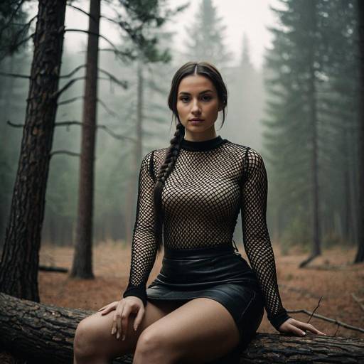 Woman in Black Mesh Top Sitting on Tree in Forest