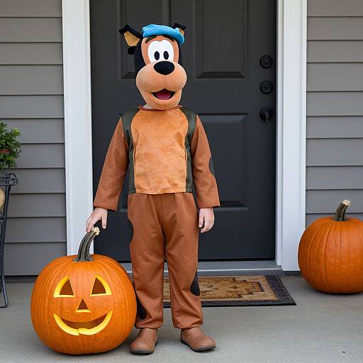 Photograph of a person in a Pluto Halloween costume, standing in front of a black door with two carved pumpkins, one in hand.