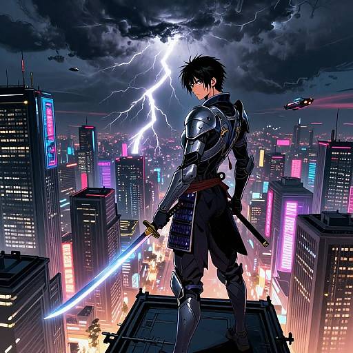 Anime-style digital artwork of a black-haired samurai in armor, holding a glowing sword, standing on a rooftop with lightning illuminating a neon-lit