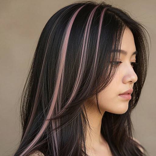 Photograph of an East Asian woman with long, straight black hair featuring pink highlights, looking to the right, against a neutral gray background.
