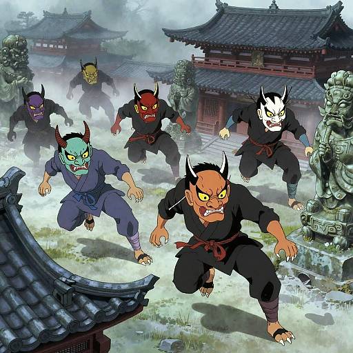 Cunning Masked Tengu on Misty Rooftops
