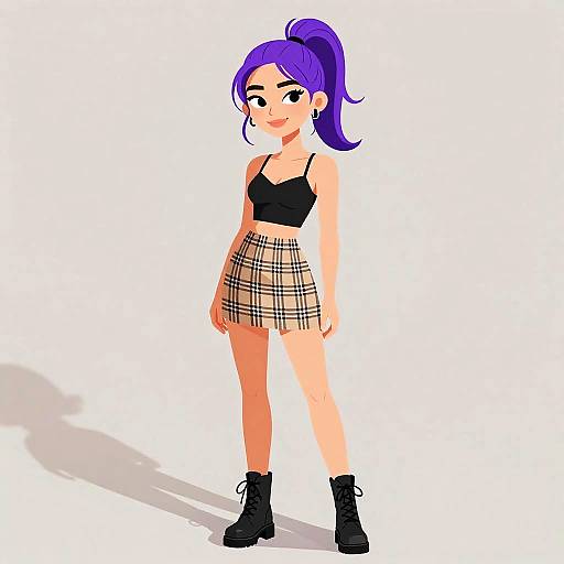 Digital cartoon of a purple-haired woman in a black crop top, plaid skirt, and black boots, standing against a white background.