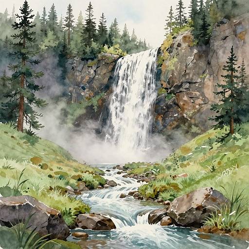 Serene Watercolor Waterfall Landscape