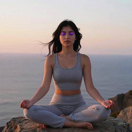 Serene Girl Meditating at Ocean Sunset
