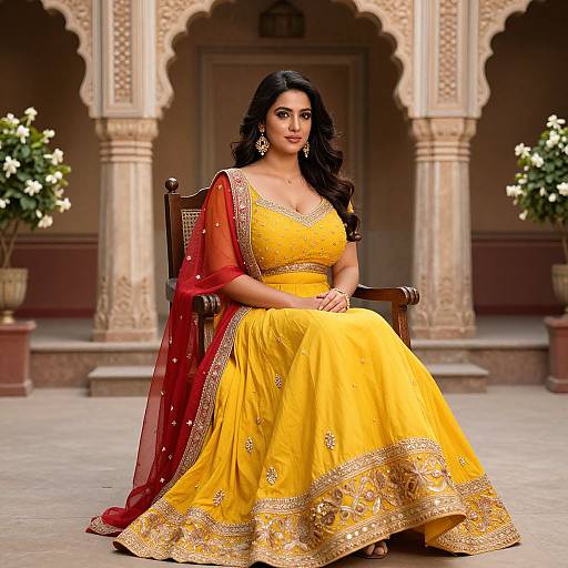 Photograph of a beautiful Indian woman with dark hair, wearing a yellow and red embroidered traditional saree, sitting in an ornate, archway-ad