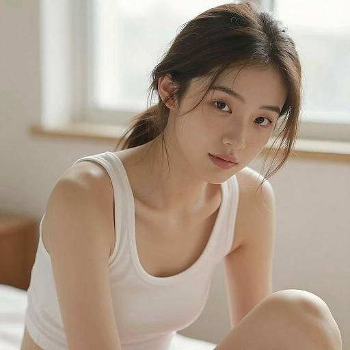 Photograph of a young Asian woman with fair skin, dark hair in a ponytail, wearing a white tank top, sitting on a bed with soft