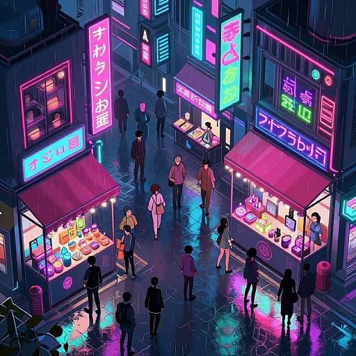 Neon-lit, rainy night scene of a bustling Japanese street market with vibrant signs, colorful food stalls, and diverse pedestrians in anime style.