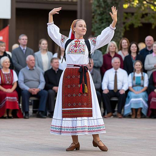 Photograph of a woman in traditional white and red embroidered folk dress, dancing with arms raised, in front of an audience.