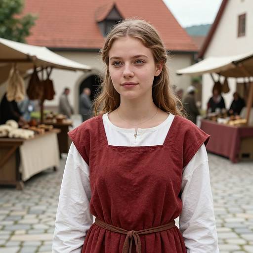 Photograph of a young white woman with long brown hair, wearing a maroon medieval-style dress over a white shirt, standing in a cobblestone