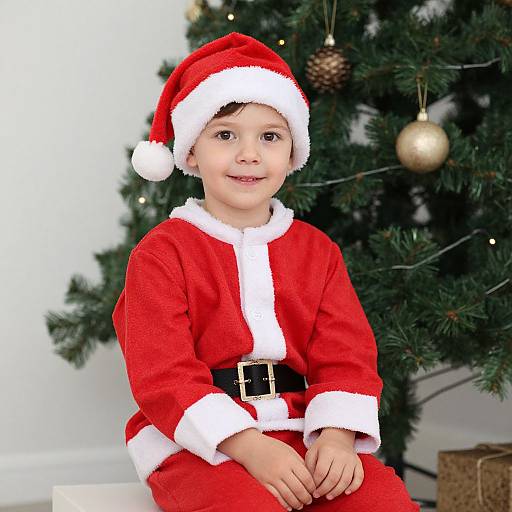 Child in Santa Suit by Tree