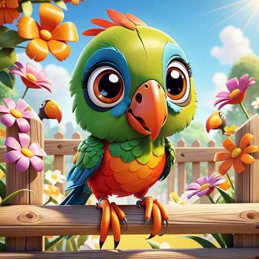 Charming 3D Cartoon Parrot in Garden