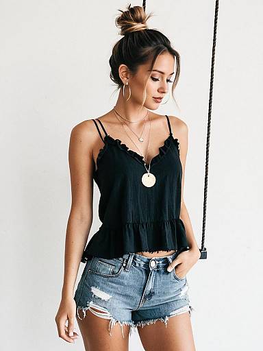Black Ruffle Cami with Denim Shorts