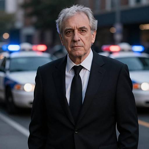 Serious Older Man in Suit with Police Cars