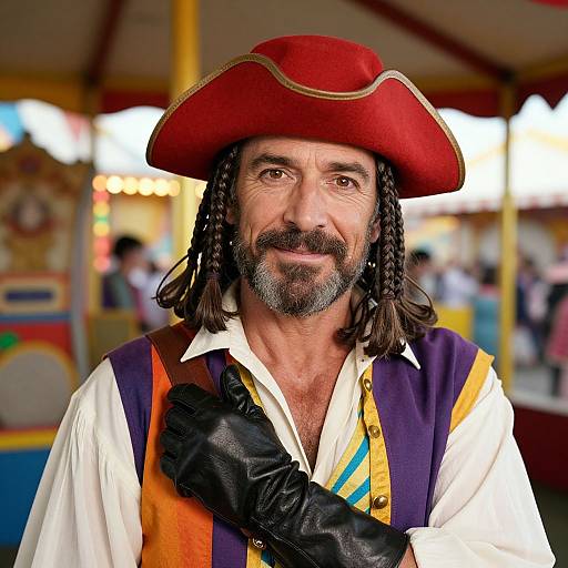 Photograph of a middle-aged man with a brown beard, wearing a red pirate hat, white shirt, purple vest, and black glove, smiling in