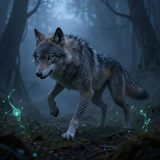 Digital artwork of a glowing-eyed wolf with intricate tribal tattoos, walking through a misty, blue-lit forest with glowing fireflies.
