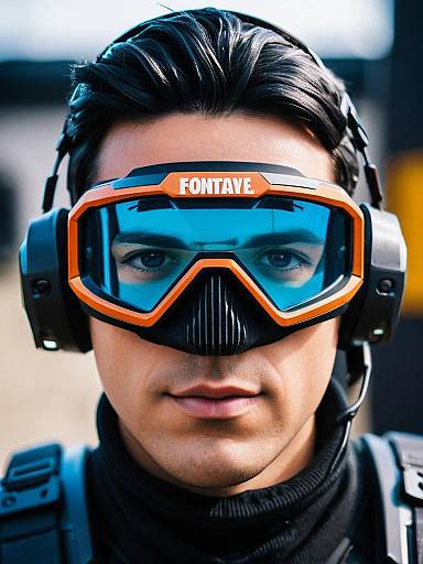 Young Man Wearing Fortnite Omega Costume Goggles