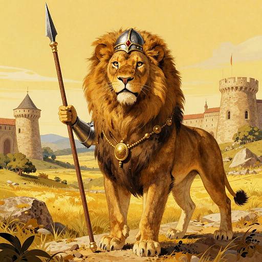 Digital illustration of a regal lion in medieval armor, holding a spear, standing before a castle in a golden, sunny landscape.