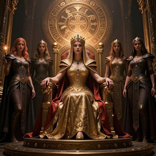 Digital art of a regal woman in a golden throne, wearing a crown and ornate gown, surrounded by four identical women in black armor, in