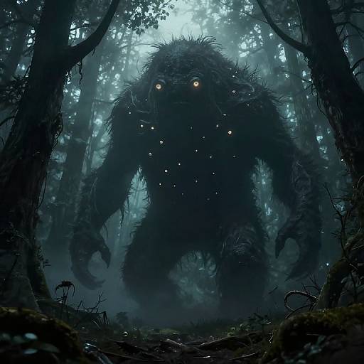 Digital illustration of a shadowy, furry, monstrous creature with glowing eyes in a dark, misty forest, surrounded by eerie, glowing particles.