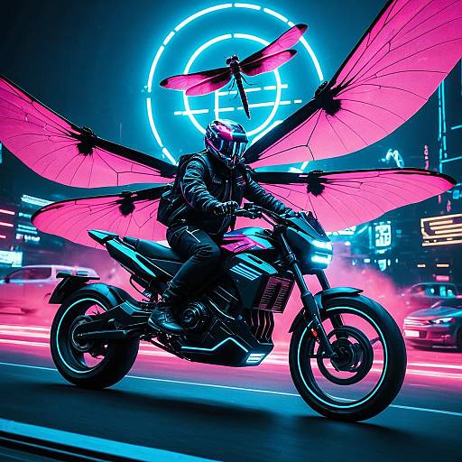 Cyberpunk Motorcycle Rider with Neon Dragonfly Wings