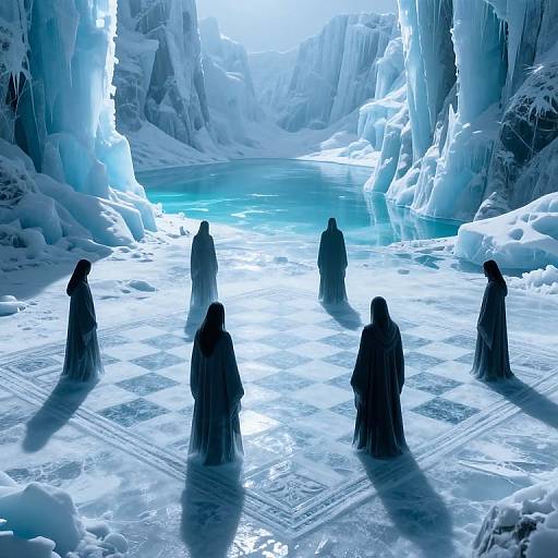 Digital artwork of six hooded figures standing in a glowing, icy cavern with blue-tinted water and intricate ice patterns.