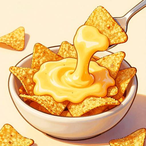 Photograph of a white bowl filled with golden, crunchy tortilla chips, topped with a generous, creamy yellow cheese dip, with a spoon lifting a