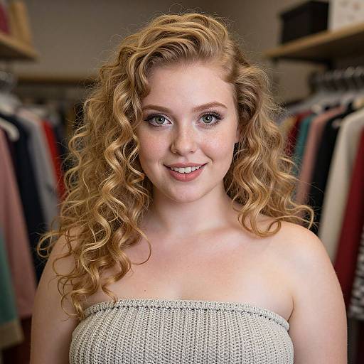 Photograph of a smiling young woman with curly blonde hair, wearing a white strapless knit top, standing in a cluttered clothing closet.