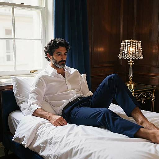 Photograph of a bearded man with dark curly hair, wearing a white shirt and navy pants, reclining on a white bed in a dark,