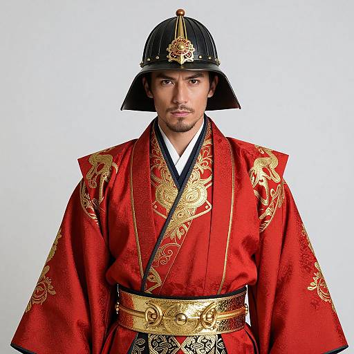 Photograph of a serious Asian man in a red, gold-embroidered traditional samurai uniform and black helmet with gold accents.