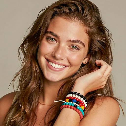 Smiling Young Woman Wearing Colorful Beaded Bracelets