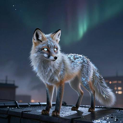 Digital artwork of a glowing, silver-furred fox with piercing eyes, standing on a rooftop under vibrant aurora borealis at night.