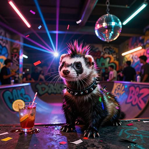 Photograph of a punk ferret with spiked hair and black collar, sitting on a neon-lit club table with a drink, colorful confetti,