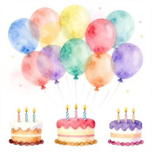 Watercolor illustration of colorful balloons and three birthday cakes with lit candles, each cake in different colors and decorations.