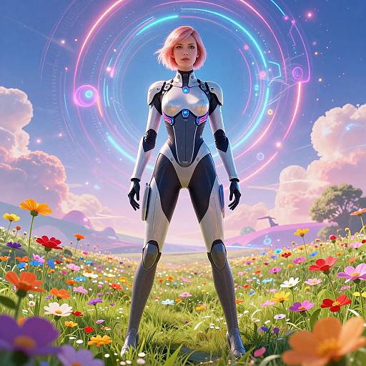 CGI image of a robotic woman with pink bob haircut, wearing a sleek white and black bodysuit, standing in a colorful flower field under a