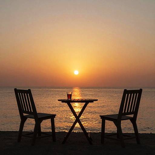 Sunset by the Sea with Chairs and Table