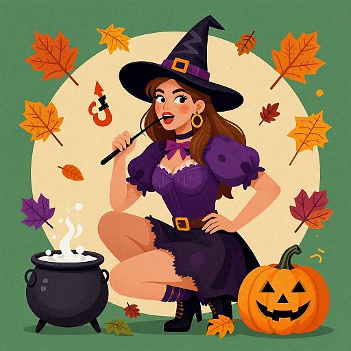 Digital illustration of a cheerful witch with a black hat, purple dress, and gold earrings, stirring a bubbling cauldron beside a carved pumpkin,