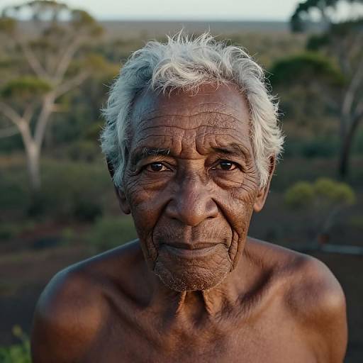 Photograph of an elderly, shirtless man with white, curly hair and deeply wrinkled, brown skin, gazing directly at the camera in a