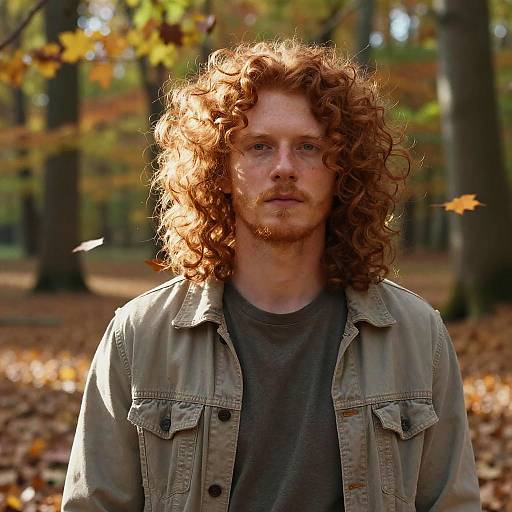 Photograph of a red-haired, curly-haired man with fair skin, wearing a gray jacket and dark shirt, standing in a sunlit autumn forest with