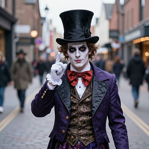 Photograph of a person in a dark top hat, white face paint, black eye makeup, red bowtie, and purple Victorian jacket, pointing upwards