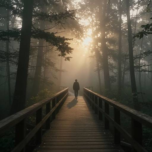 Photograph of a solitary person walking on a wooden bridge through a misty forest, sunlight filtering through tall trees.