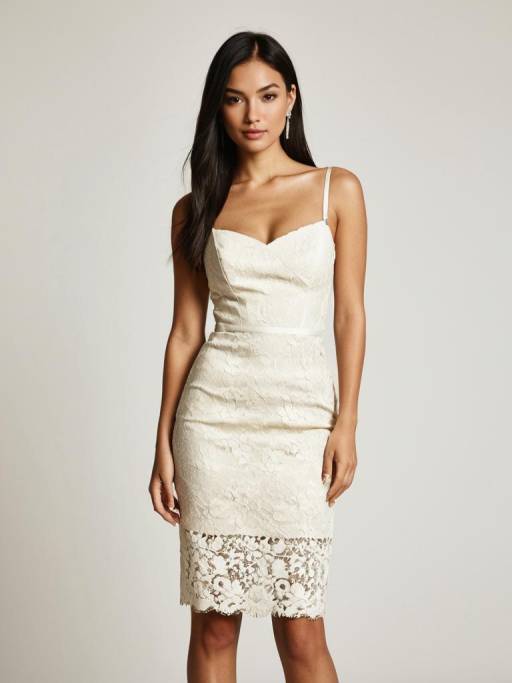Woman in Cream Lace Pencil Dress