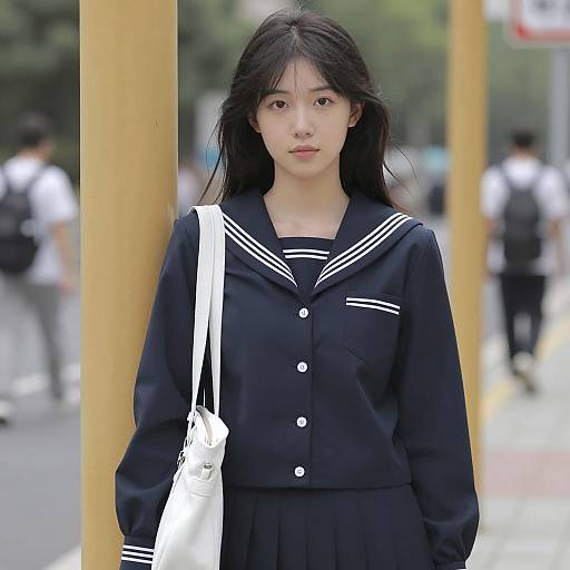 Asian Woman in Navy Sailor Uniform