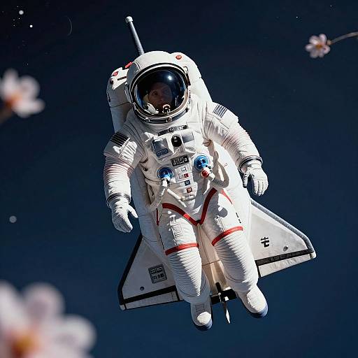 Photograph of an astronaut in a white spacesuit with red stripes floating in space, surrounded by dark blue background and blurry cherry blossoms. Space shuttle
