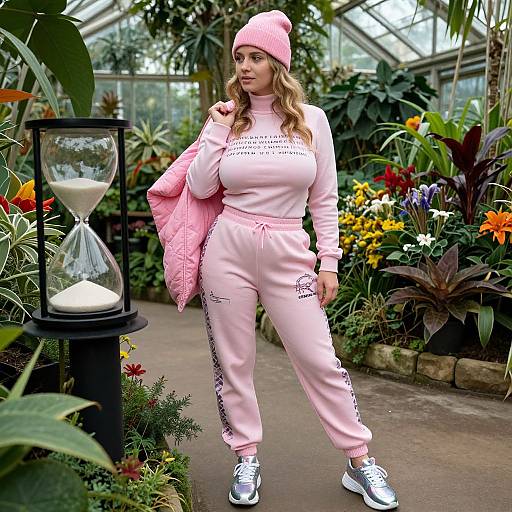 Photograph of a curvy, blonde woman with pink beanie, pink sweatshirt, and matching joggers, standing in a colorful greenhouse, holding