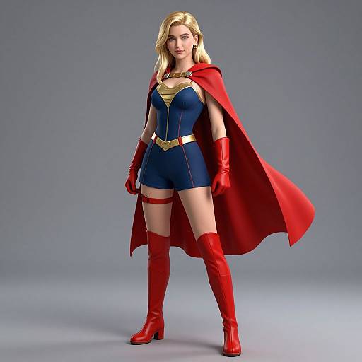 CGI image of a blonde woman in a blue superhero outfit with gold accents, red cape, gloves, and boots, standing confidently against a grey background