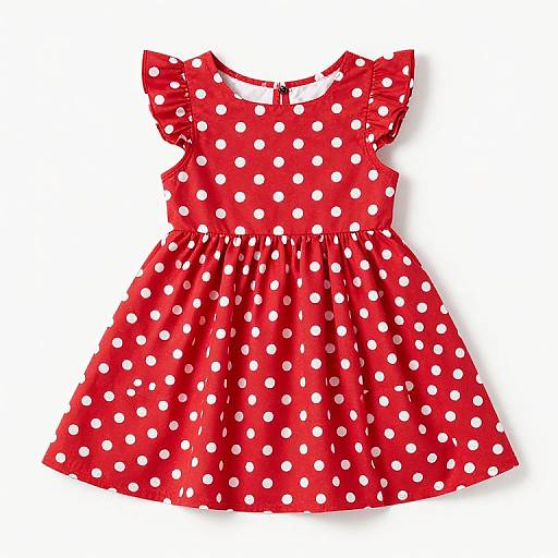 Photograph of a red, sleeveless dress with white polka dots, featuring a rounded neckline and a gathered waist, displayed against a white background.
