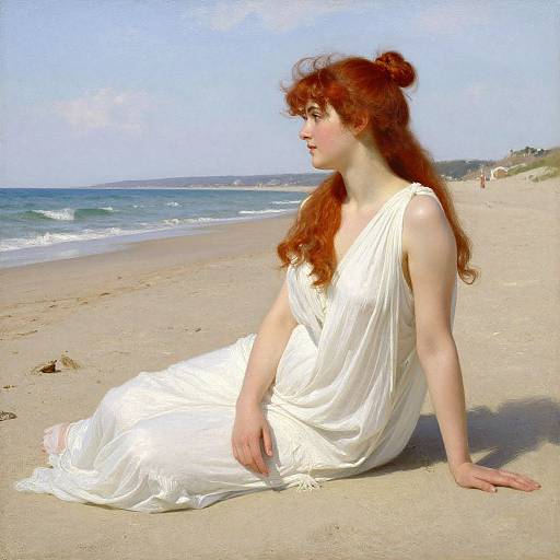 Photograph of a red-haired woman with pale skin, wearing a white, flowing dress, sitting on a sunlit beach, gazing at the ocean