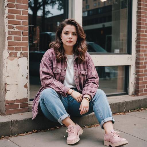 Curvy Woman in 90s Casual Streetwear Sitting Outdoors