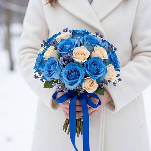 Photograph of a person in a white coat holding a vibrant bouquet of blue roses and pale peach roses with purple flowers, tied with a blue ribbon.