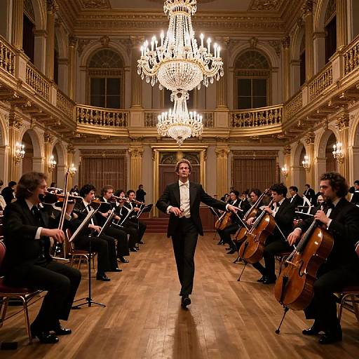 Photograph of a conductor in a black tuxedo leading a symphony orchestra in an opulent, chandelier-lit ballroom with wooden floors